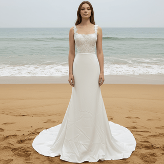 Elegant Square Neck Simple Mermaid Wedding Dress with Sheer Bodice - Rosymae