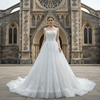 Elegant Square Neckline Vintage Wedding Dress with Lace Appliqued - Rosymae