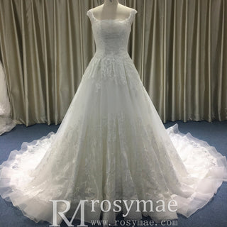 Elegant Square Neckline Vintage Wedding Dress with Lace Appliqued - Rosymae