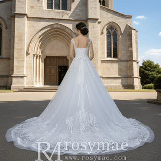 Elegant Square Neckline Vintage Wedding Dress with Lace Appliqued - Rosymae