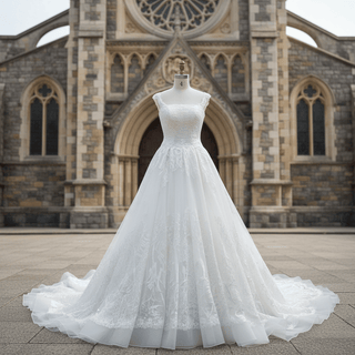 Elegant Square Neckline Vintage Wedding Dress with Lace Appliqued - Rosymae