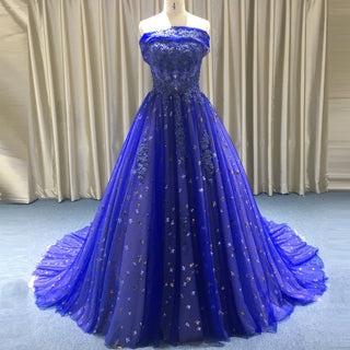 Elegant Straight Neck Strapless Maxi Royal Blue Prom Dress - Rosymae
