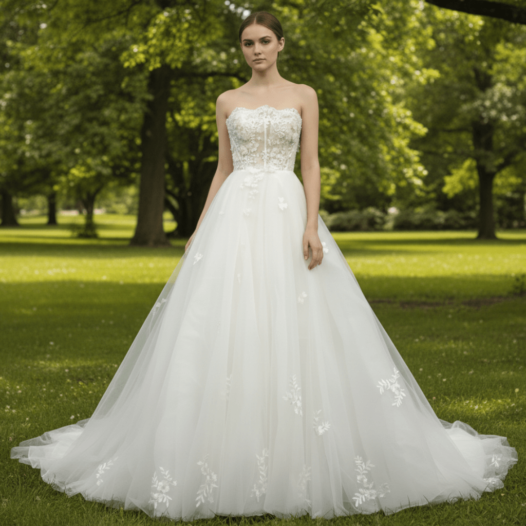 Elegant Strapless A-Line Beaded Lace Tulle Wedding Dress - Rosymae