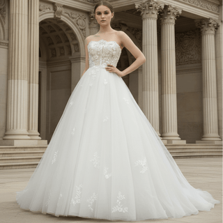 Elegant Strapless A-Line Beaded Lace Tulle Wedding Dress - Rosymae