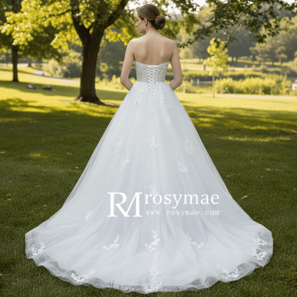 Elegant Strapless A-Line Beaded Lace Tulle Wedding Dress - Rosymae