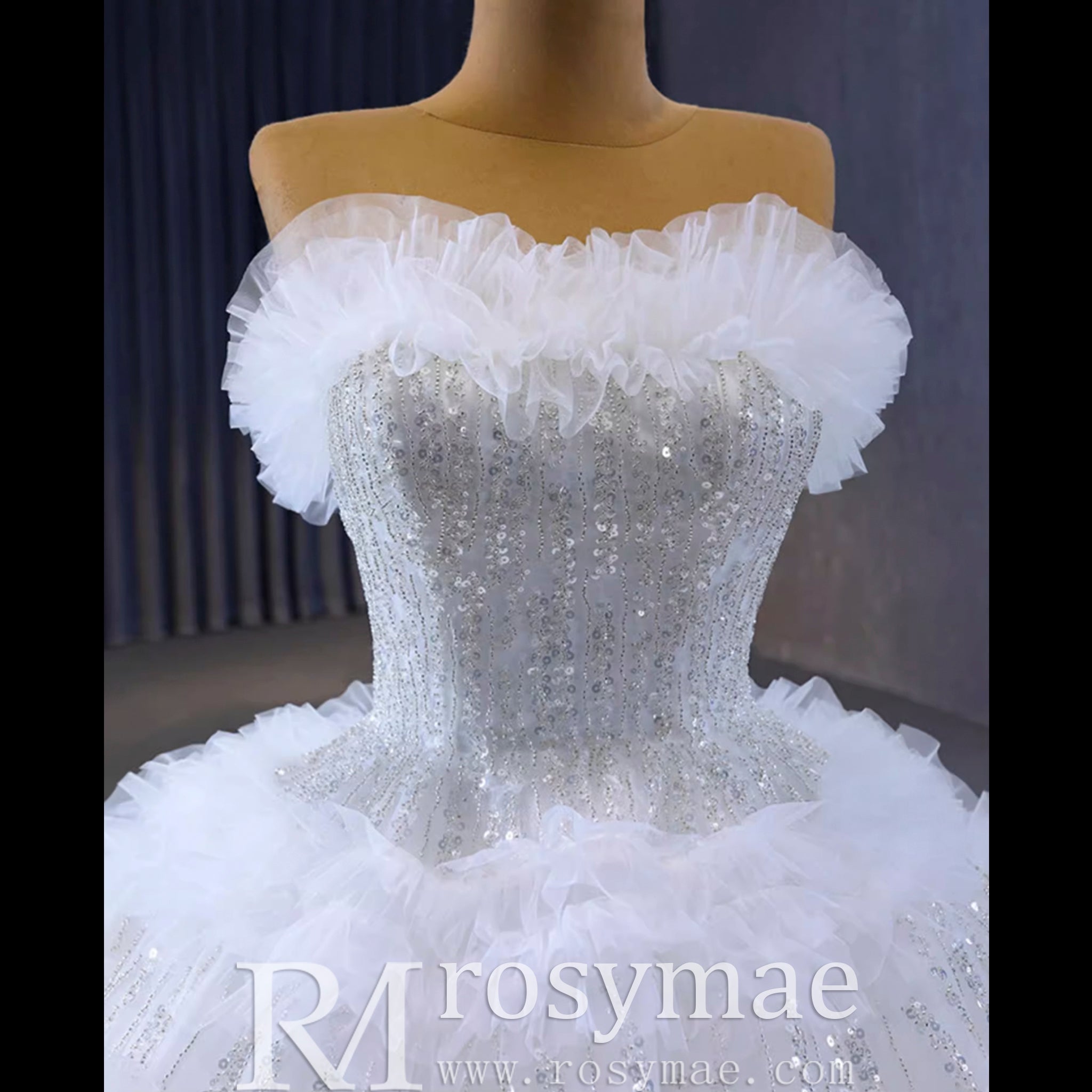 Elegant Strapless Big Skirt Ball Gown Sparkly Wedding Dress - Rosymae