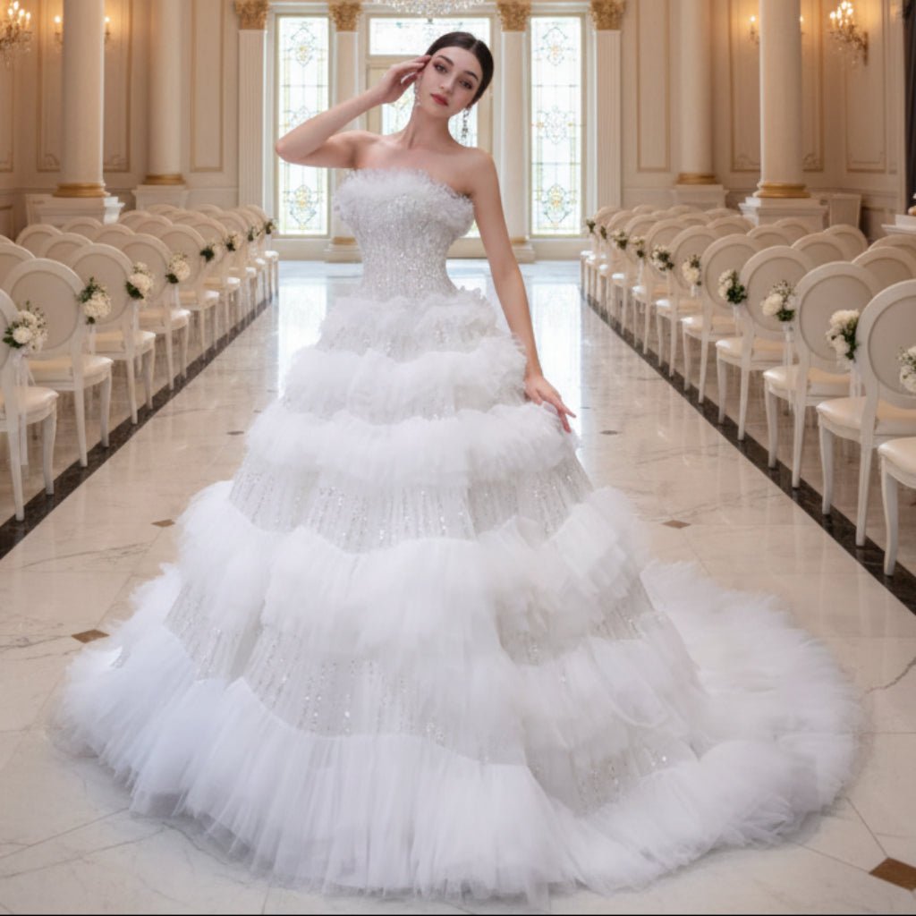 Elegant Strapless Big Skirt Ball Gown Sparkly Wedding Dress - Rosymae