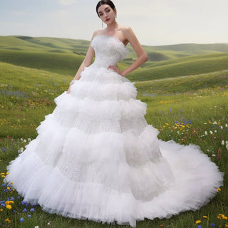 Elegant Strapless Big Skirt Ball Gown Sparkly Wedding Dress - Rosymae
