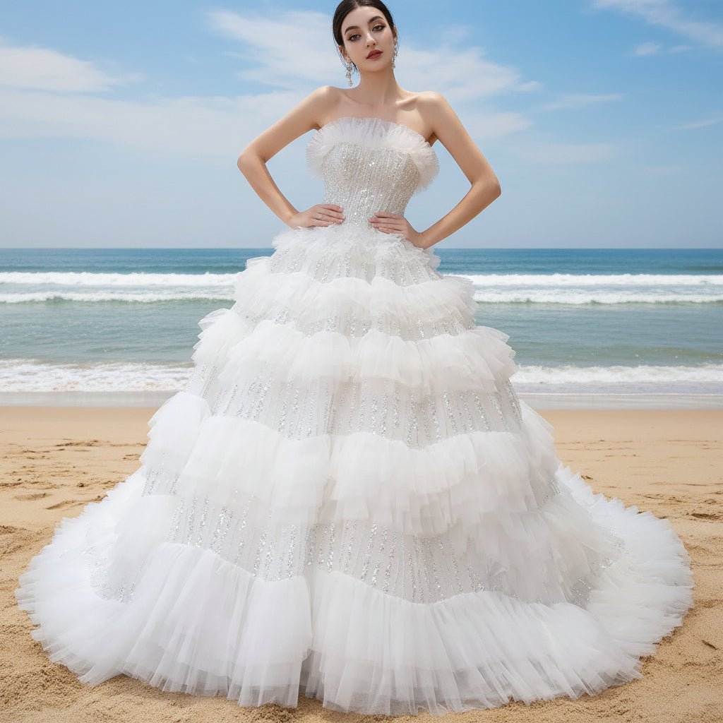Elegant Strapless Big Skirt Ball Gown Sparkly Wedding Dress - Rosymae