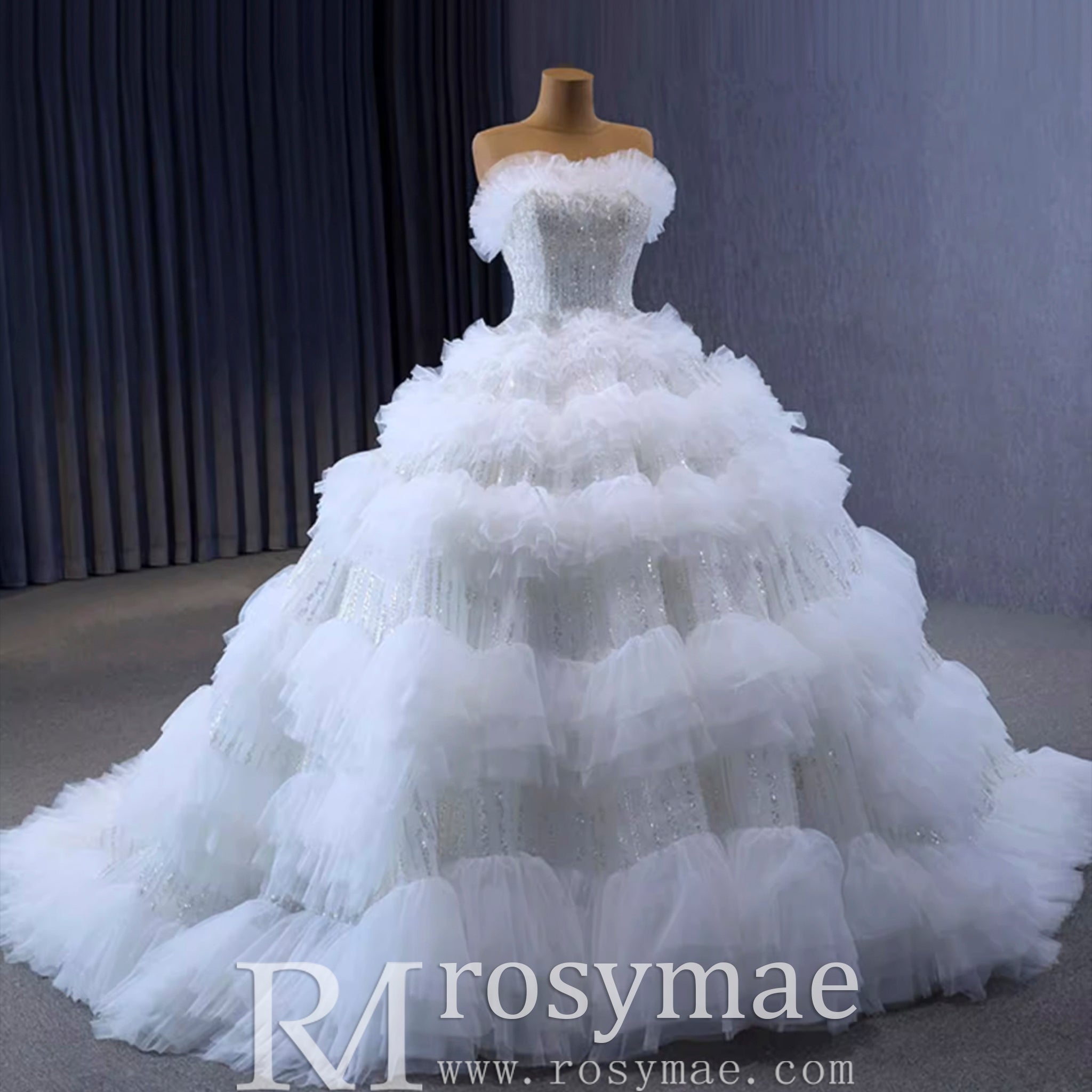 Elegant Strapless Big Skirt Ball Gown Sparkly Wedding Dress - Rosymae