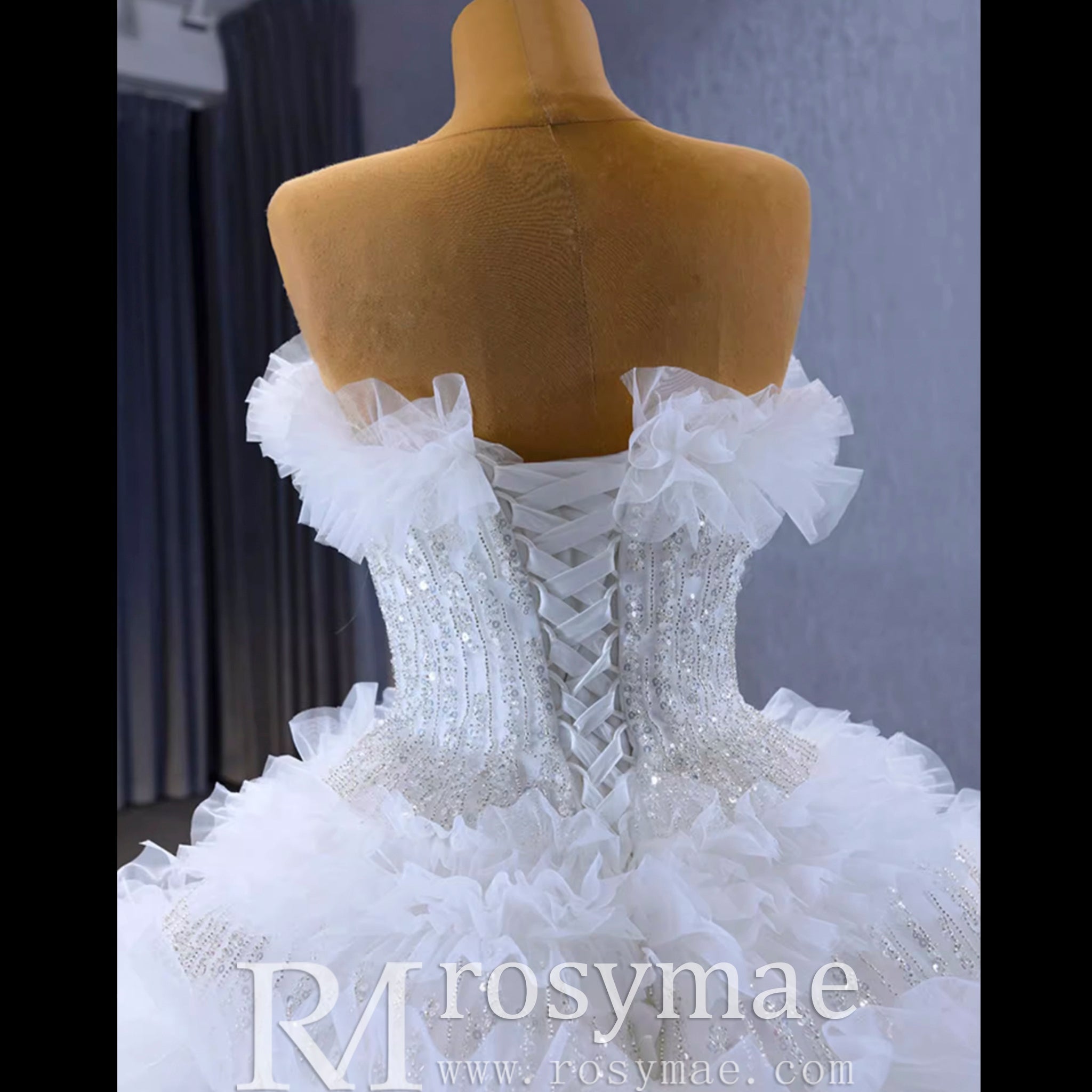 Elegant Strapless Big Skirt Ball Gown Sparkly Wedding Dress - Rosymae