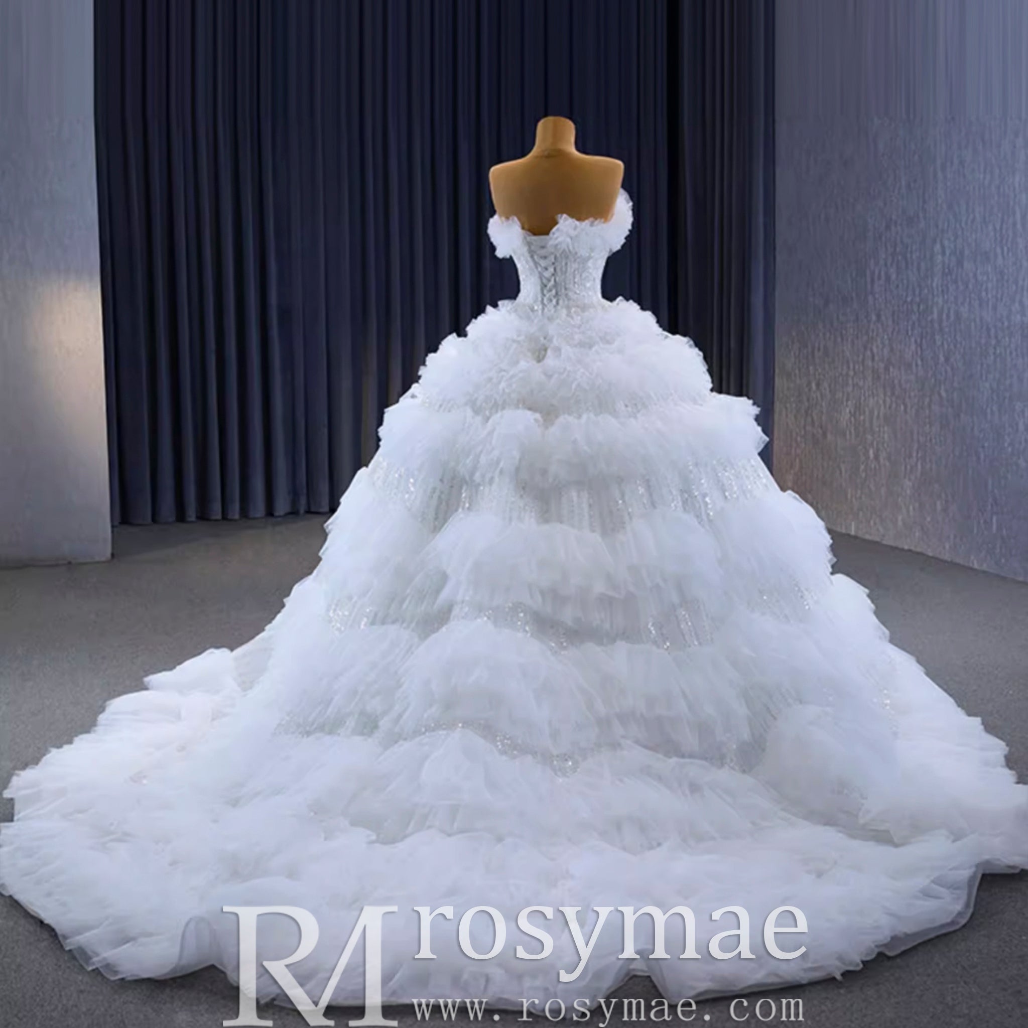 Elegant Strapless Big Skirt Ball Gown Sparkly Wedding Dress - Rosymae