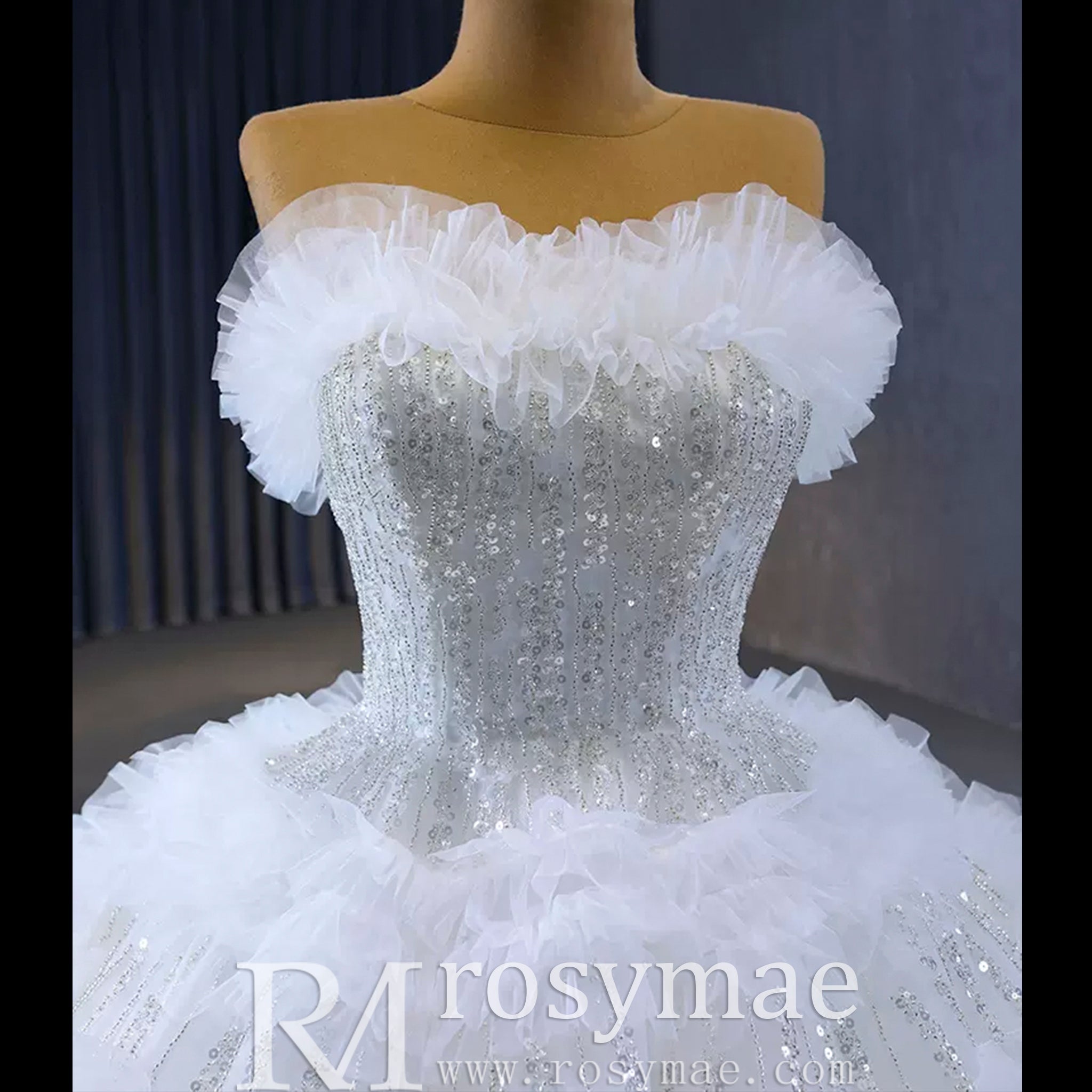 Elegant Strapless Big Skirt Ball Gown Sparkly Wedding Dress - Rosymae