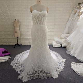 Elegant Strapless Floral Lace Mermaid Wedding Dress with Long Train - Rosymae