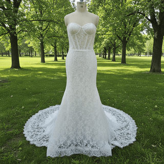 Elegant Strapless Floral Lace Mermaid Wedding Dress with Long Train - Rosymae