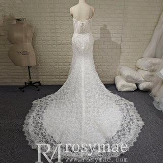 Elegant Strapless Floral Lace Mermaid Wedding Dress with Long Train - Rosymae
