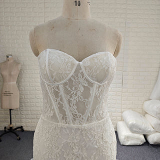 Elegant Strapless Floral Lace Mermaid Wedding Dress with Long Train - Rosymae