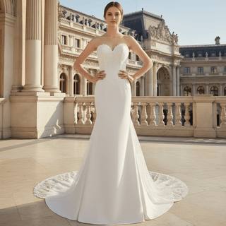 Elegant Strapless Mermaid Satin Wedding Dress with Detachable Train - Rosymae