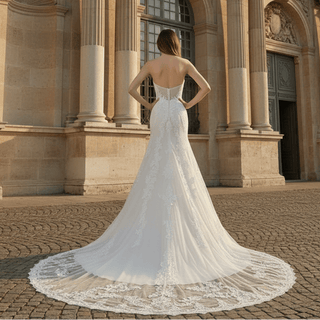 Elegant Strapless Mermaid Satin Wedding Dress with Detachable Train - Rosymae