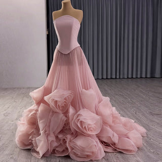 Elegant Strapless Ruffles Long Formal Dress Prom Gown With 3D Flowers - Rosymae