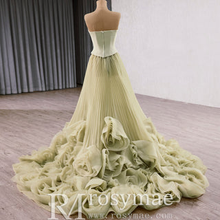 Elegant Strapless Ruffles Long Formal Dress Prom Gown With 3D Flowers - Rosymae
