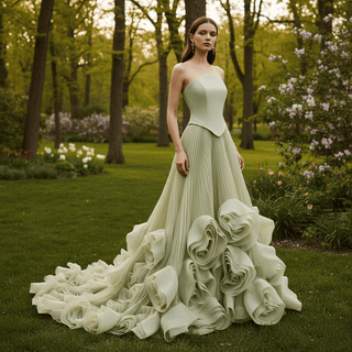 Elegant Strapless Ruffles Long Formal Dress Prom Gown With 3D Flowers - Rosymae