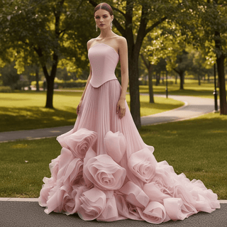 Elegant Strapless Ruffles Long Formal Dress Prom Gown With 3D Flowers - Rosymae