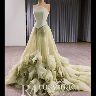 Elegant Strapless Ruffles Long Formal Dress Prom Gown With 3D Flowers - Rosymae