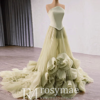 Elegant Strapless Ruffles Long Formal Dress Prom Gown With 3D Flowers - Rosymae