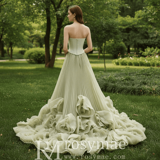 Elegant Strapless Ruffles Long Formal Dress Prom Gown With 3D Flowers - Rosymae