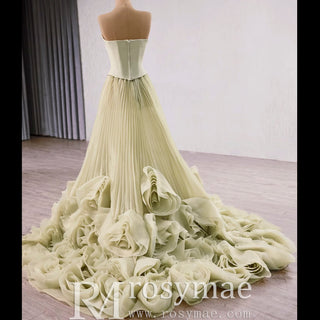 Elegant Strapless Ruffles Long Formal Dress Prom Gown With 3D Flowers - Rosymae