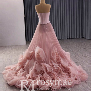 Elegant Strapless Ruffles Long Formal Dress Prom Gown With 3D Flowers - Rosymae
