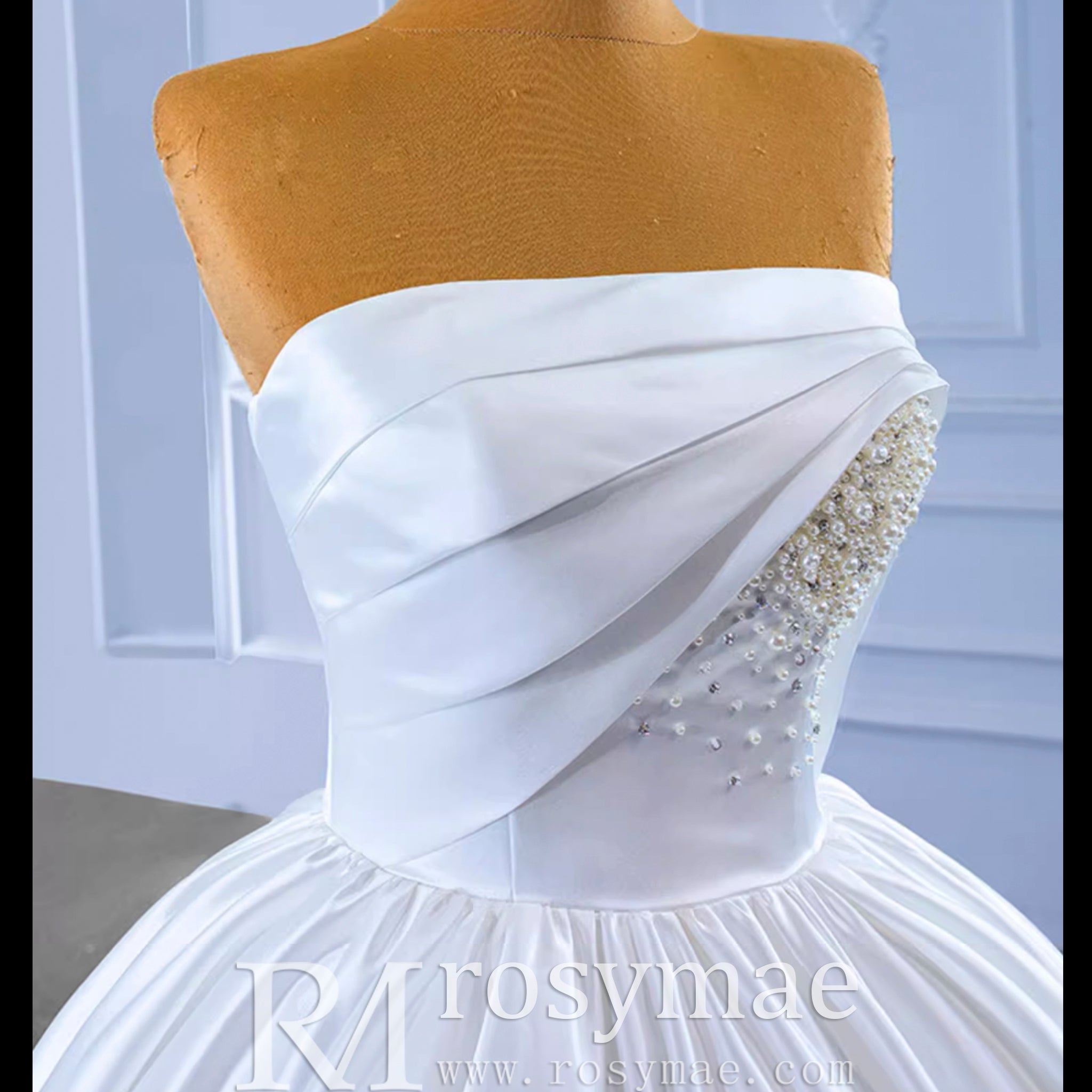 Elegant Strapless Satin Ball Gown Wedding Dress Minimalist Bridal Gown - Rosymae