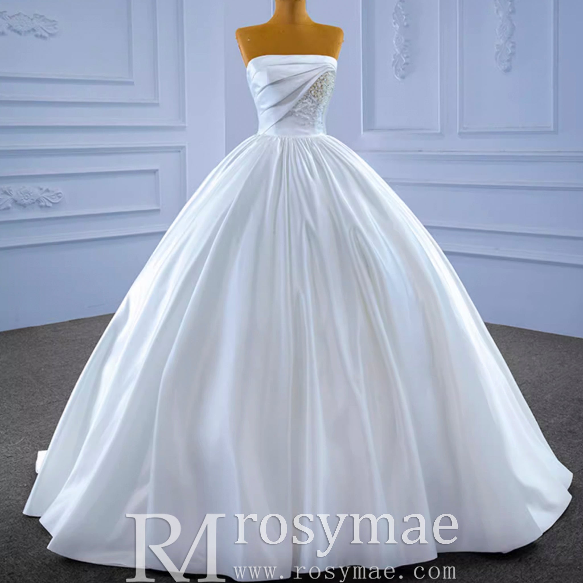 Elegant Strapless Satin Ball Gown Wedding Dress Minimalist Bridal Gown - Rosymae