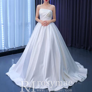 Elegant Strapless Satin Ball Gown Wedding Dress Minimalist Bridal Gown - Rosymae