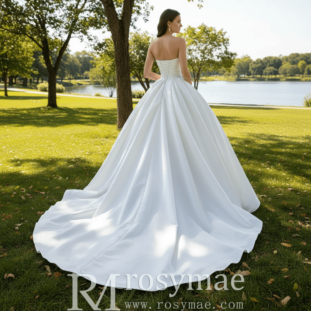 Elegant Strapless Satin Ball Gown Wedding Dress Minimalist Bridal Gown - Rosymae