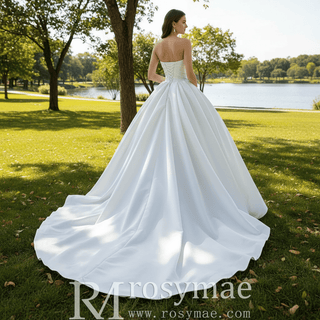 Elegant Strapless Satin Ball Gown Wedding Dress Minimalist Bridal Gown - Rosymae