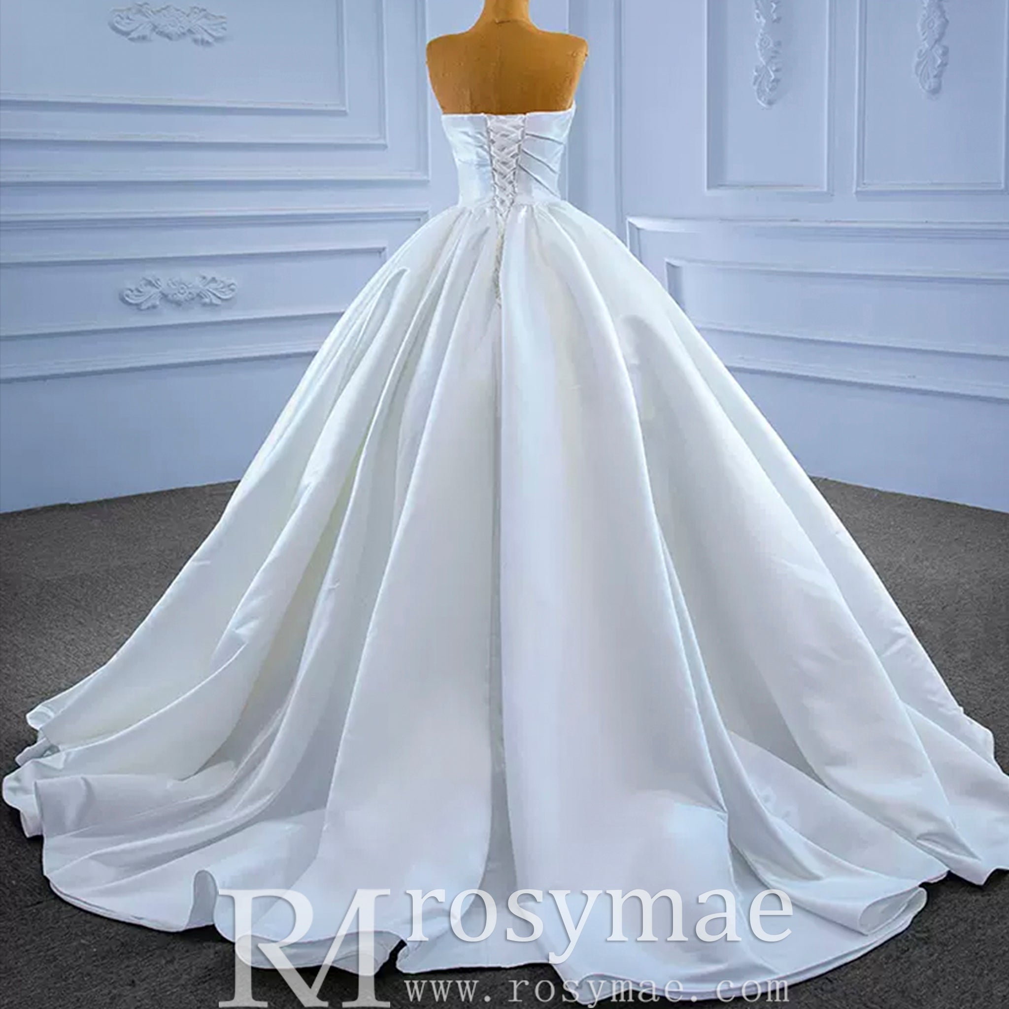 Elegant Strapless Satin Ball Gown Wedding Dress Minimalist Bridal Gown - Rosymae
