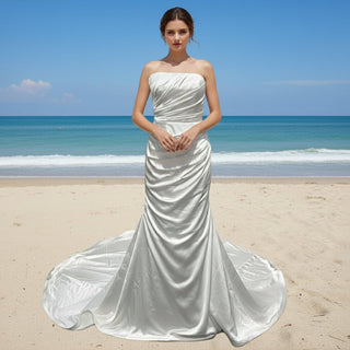 Elegant Strapless Straight Neck Soft Satin Mermaid Wedding Dress - Rosymae