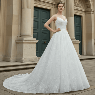 Elegant Strapless V-neck Lace Wedding Dress with Cathedral train - Rosymae
