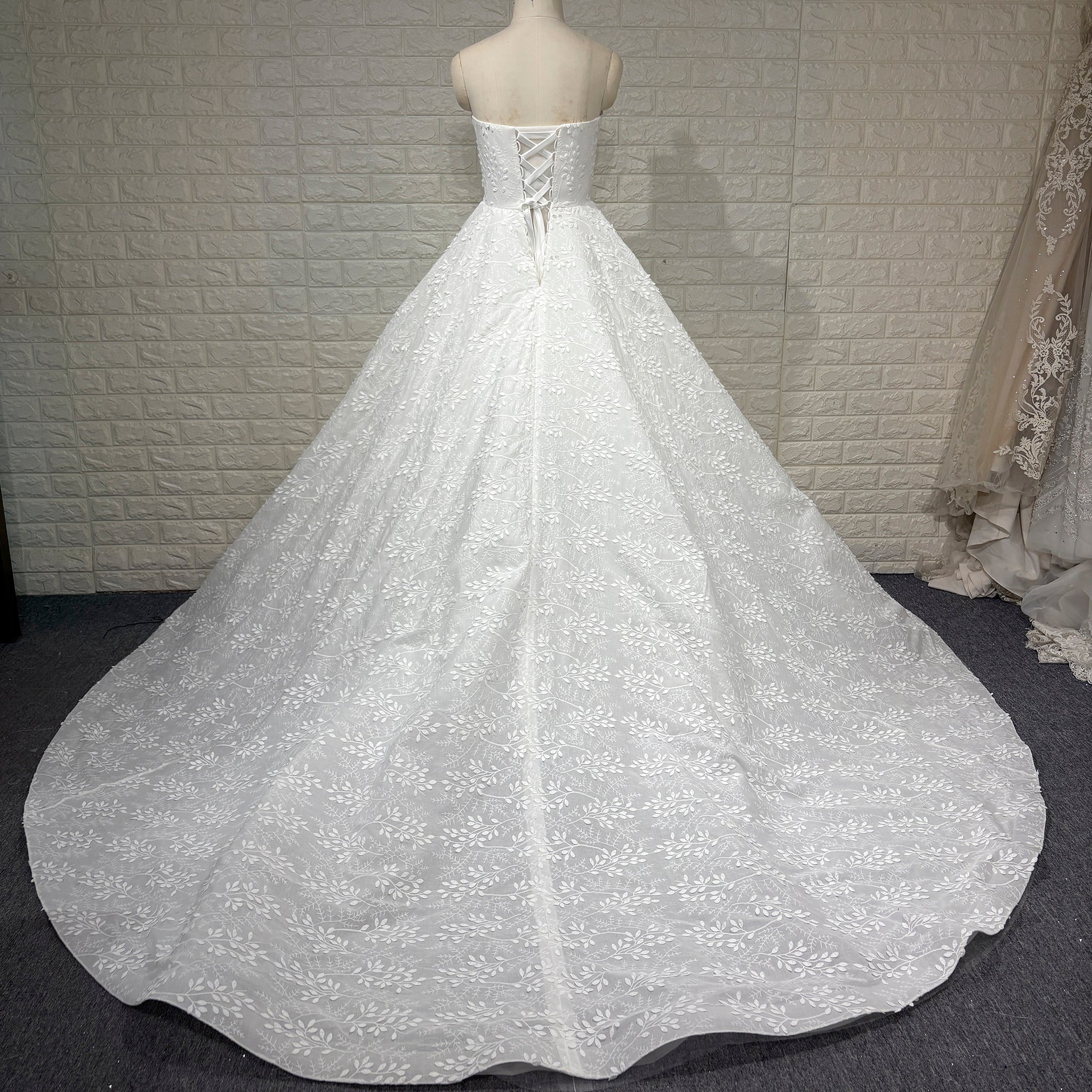 Elegant Strapless V-neck Lace Wedding Dress with Cathedral train - Rosymae
