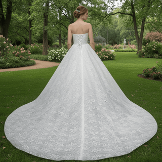 Elegant Strapless V-neck Lace Wedding Dress with Cathedral train - Rosymae