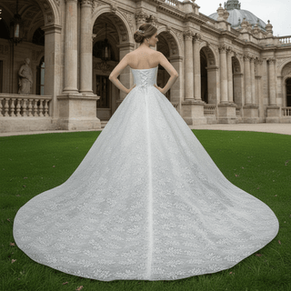 Elegant Strapless V-neck Lace Wedding Dress with Cathedral train - Rosymae