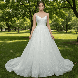 Elegant Strapless V-neck Lace Wedding Dress with Cathedral train - Rosymae