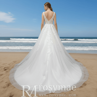Elegant Tank Sleeve V-neck A-line Wedding Dress with Lace Appliqued - Rosymae