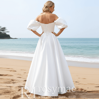 Elegant Tea Length A-line Wedding Dress with Off the Shoulder Sleeve - Rosymae