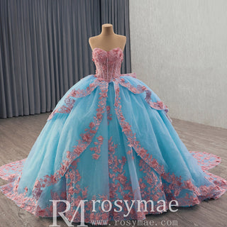 Elegant Teal and Pink Floral Quinceanera Dress Detachable Long Sleeve - Rosymae