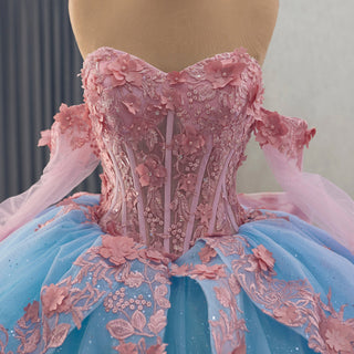 Elegant Teal and Pink Floral Quinceanera Dress Detachable Long Sleeve - Rosymae