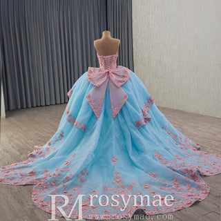 Elegant Teal and Pink Floral Quinceanera Dress Detachable Long Sleeve - Rosymae