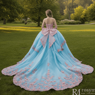 Elegant Teal and Pink Floral Quinceanera Dress Detachable Long Sleeve - Rosymae